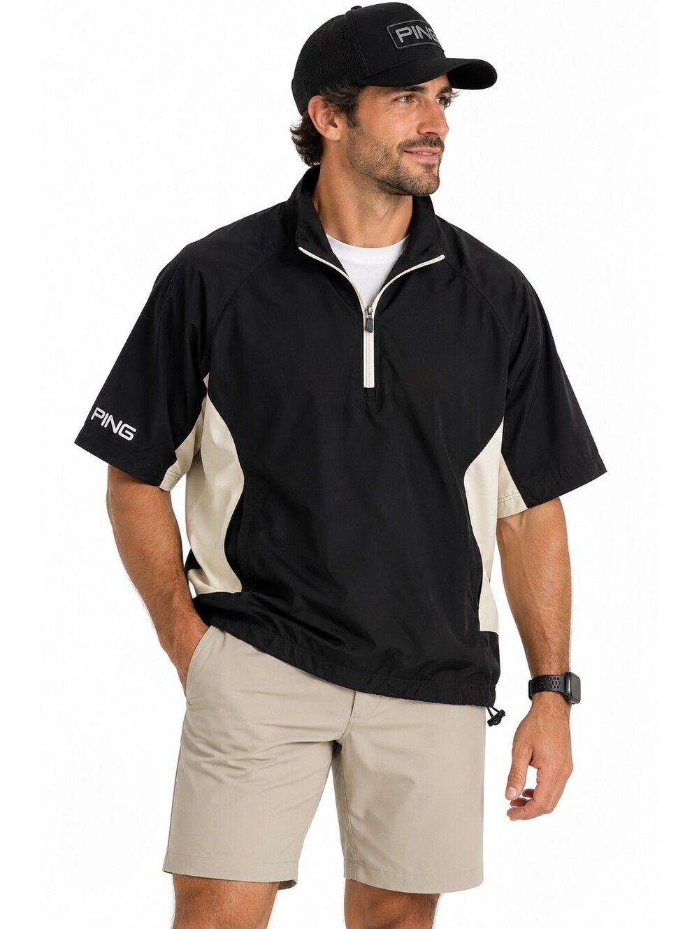 PING Mens XL Black White Short Sleeve Quarter Zip Golf Windshirt Pullover Jacket